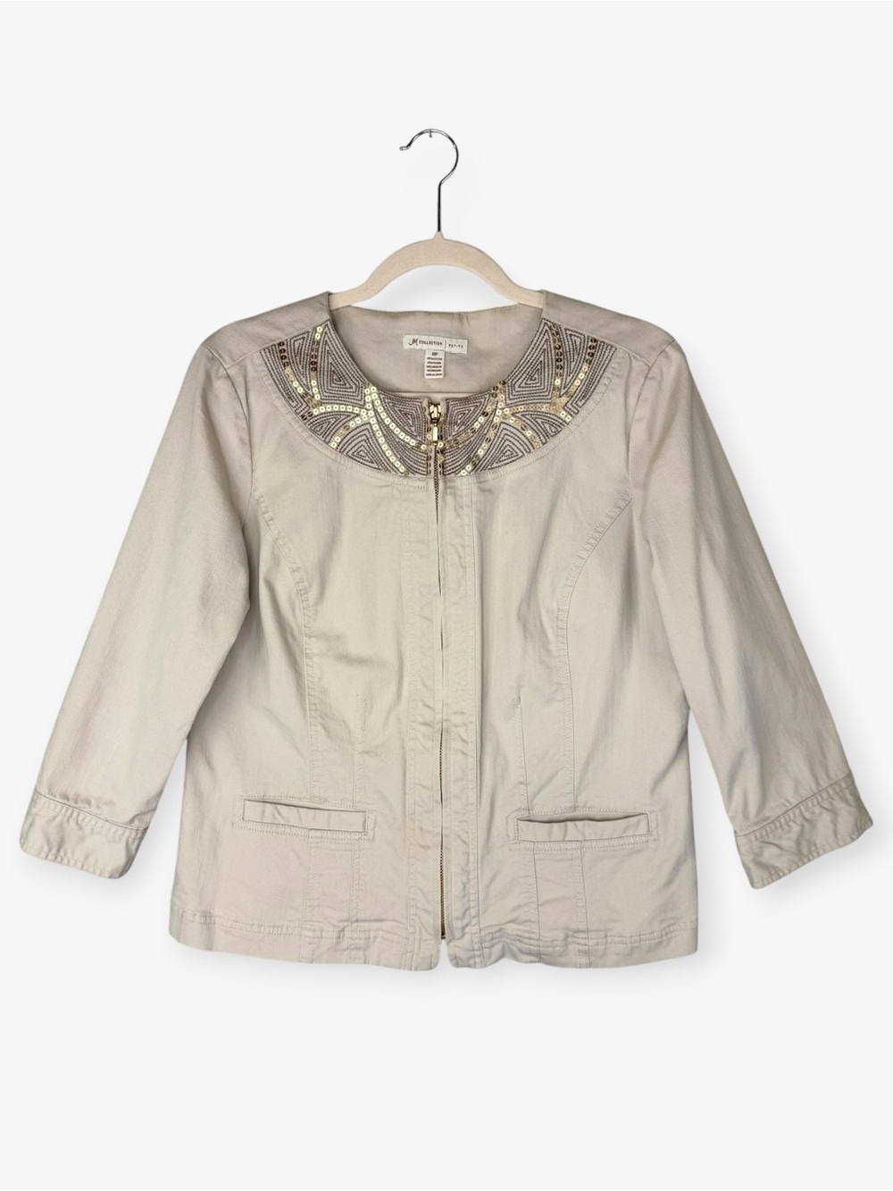 JM Collection Petite 10P Khaki Biege Denim Jacket Embroidered Sequin Embellished